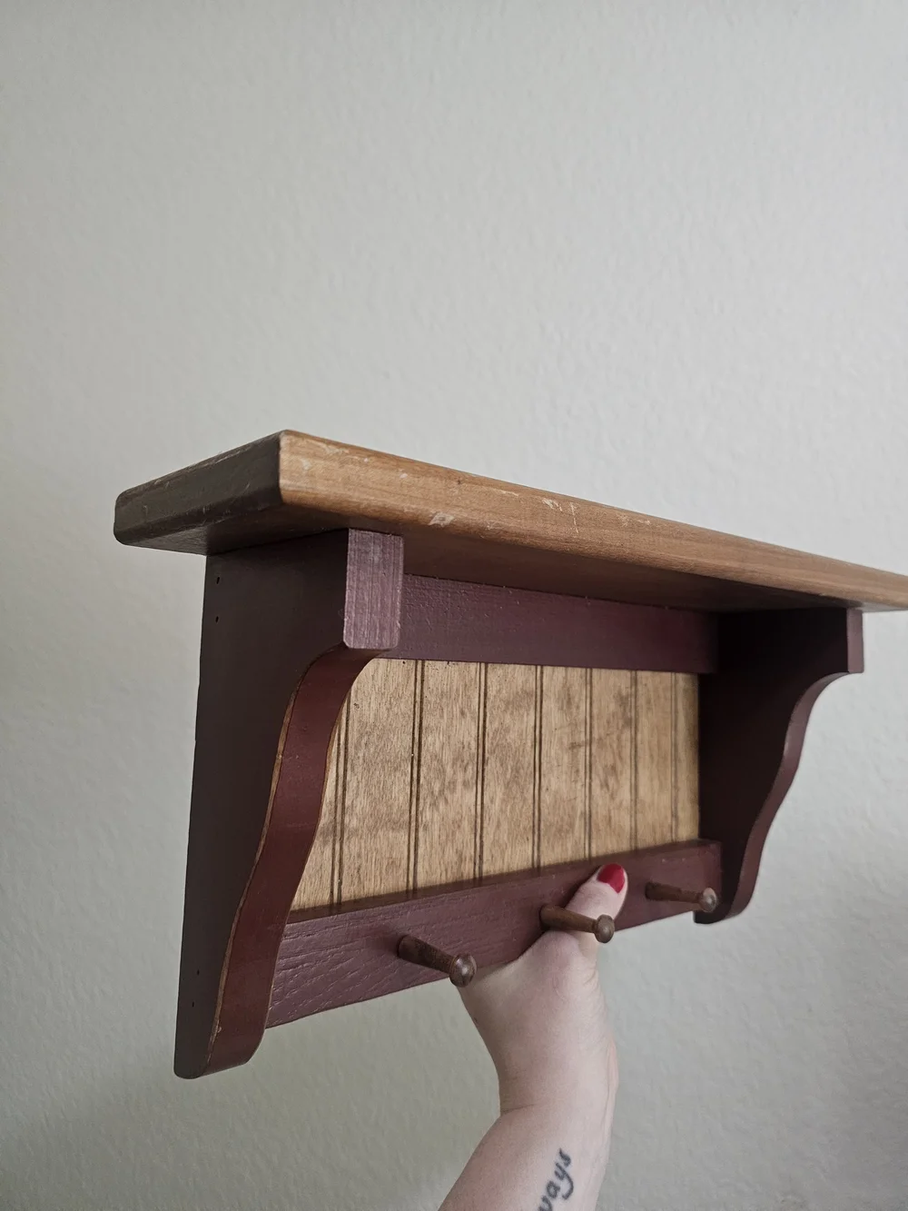 Two-Tone Brown Wall Shelf with Three Hooks - Unbranded